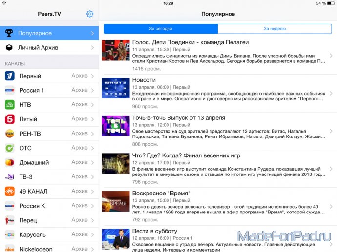 Peers.TV. Онлайн-телевидение для iPad